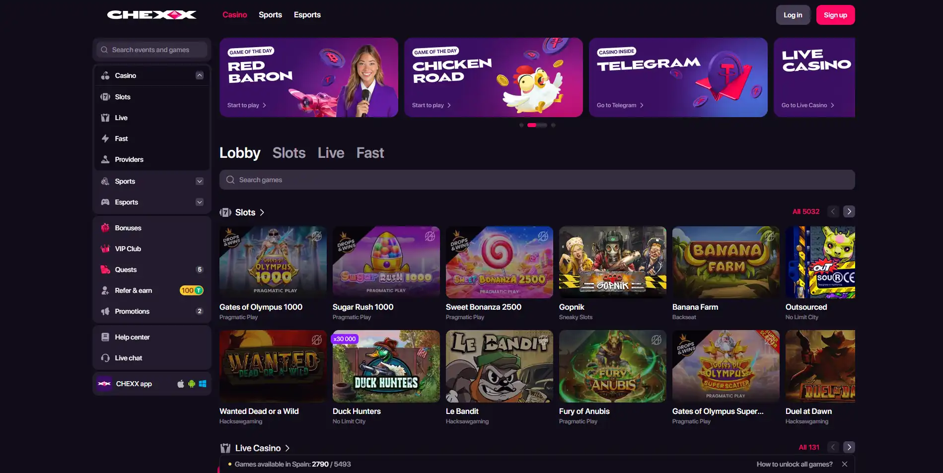 Reálny CHEXX casino lobby s kategóriami Slots, Live, Fast a Providers