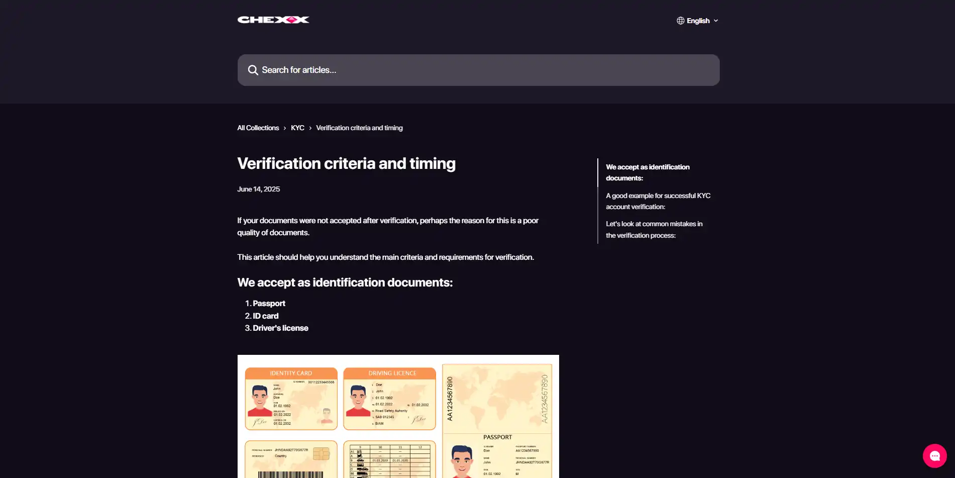 Oficiálna CHEXX KYC stránka s požiadavkami na overenie identity