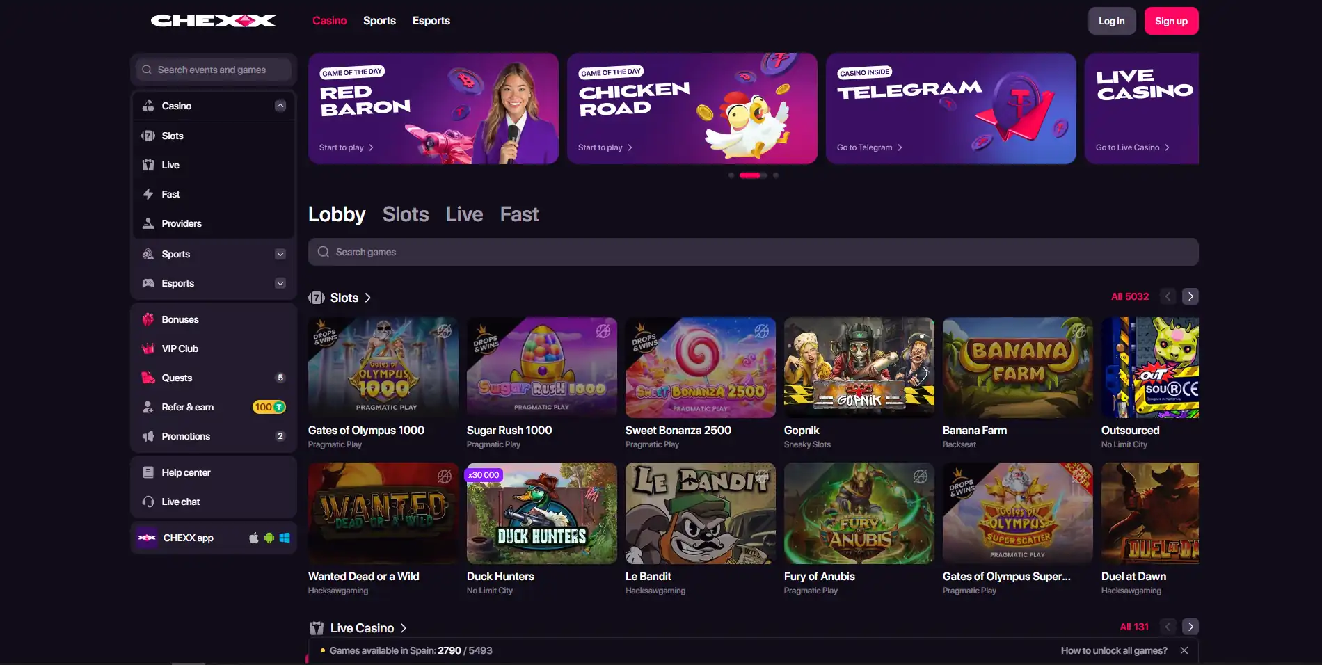 Aktuálny CHEXX Live Casino lobby s viditeľnou Live kategóriou a provider filtrami