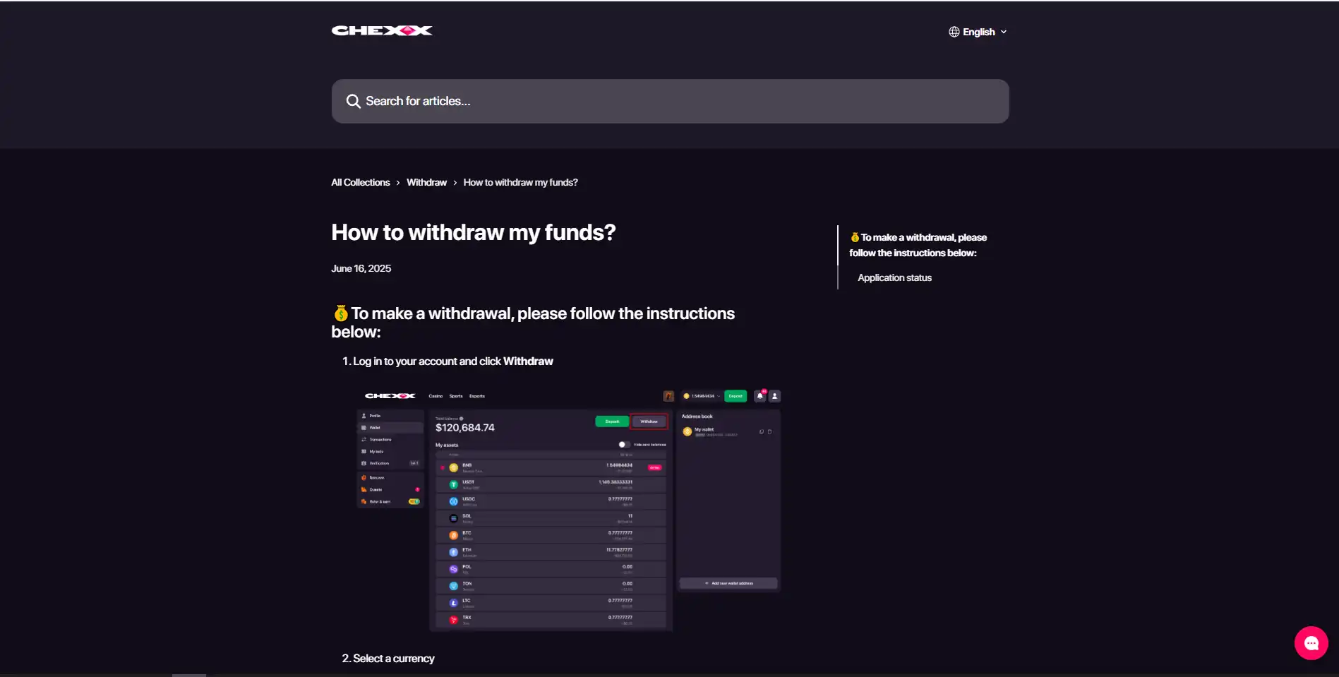 Reálny CHEXX withdrawal flow s výberom meny, siete a wallet adresy